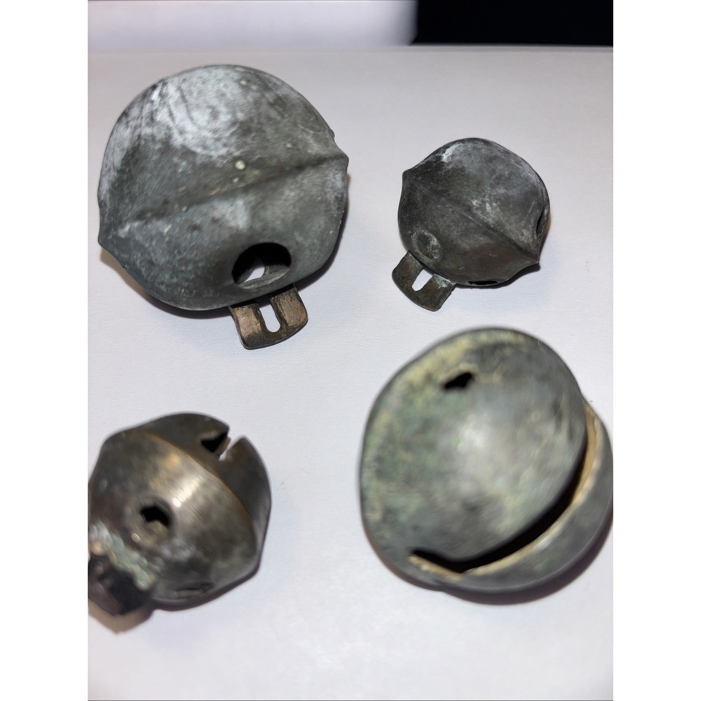 (4) vintage brass petal sleigh bells Shank mount, Not marked. 3778